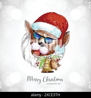 Disegna a mano la colorata faccia del cane natalizio con il berretto di babbo natale su sfondo bianco Illustrazione Vettoriale