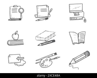 Icone aziendali disegnate a mano per la progettazione di schizzi di set Illustrazione Vettoriale