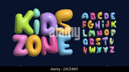 Divertente alfabeto 3D in plastica, colorate lettere di gomma da masticare, allegra tipografia a bolla per i loghi dei bambini, vivace design del titolo, stile cartoni animati originale Illustrazione Vettoriale