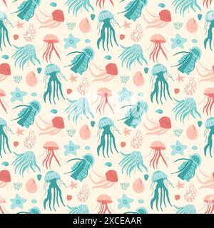 Invertebrati acquatici senza cuciture. Meduse, stelle marine, conchiglie e altri paesaggi infiniti. Copertura di ripetizione della vita marina. Illus disegnato a mano vettoriale Illustrazione Vettoriale