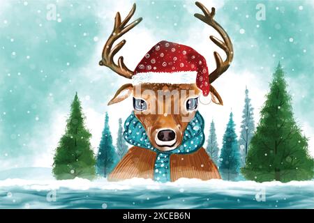 Capodanno e albero di natale sfondo invernale paesaggio con disegno di carte di cervo Illustrazione Vettoriale