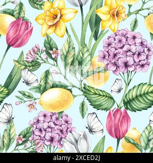 Motivo di acquerello fiorito con limoni, narcisi, tulipani, farfalla e ortensie. Motivo floreale rosso botanico per design tessile, tessuti, carte, wa Foto Stock