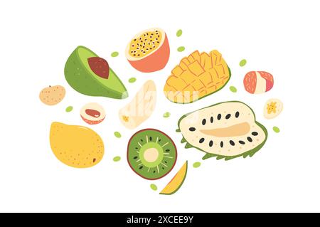 Frutta isolata su sfondo bianco. Set di dolci esotici. Fette di frutta tropicale. Illustrazione della collezione piatta disegnata a mano dal vettore. Illustrazione Vettoriale