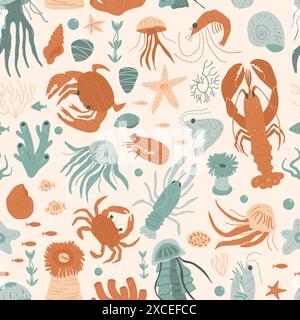 Motivo senza cuciture sott'acqua. Raccolta di stelle marine, meduse, aragoste, granchi, gamberi, corallo, alghe e conchiglie di lumaca ripetono lo sfondo. han vettoriale Illustrazione Vettoriale