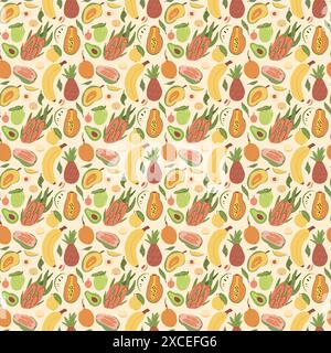 Frutti esotici senza cuciture. Dolce tropicale tagliato e frutta intera ripetono lo sfondo. Illustrazione piatta disegnata a mano dal vettore. Illustrazione Vettoriale