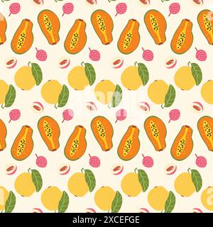 Papaya, guava e litchi senza cuciture. Mezze fette mature tropicali e frutti interi ripetono lo sfondo. Illustrazione piatta disegnata a mano dal vettore. Illustrazione Vettoriale