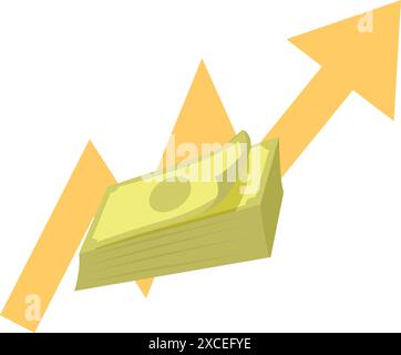 Accumulo di denaro in aumento con una freccia rivolta verso l'alto che indica la crescita dei profitti aziendali e il successo finanziario Illustrazione Vettoriale