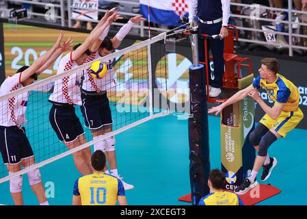 Osijek, Croazia. 16 giugno 2024. Danylo Uryvkin dell'Ucraina in azione durante la finale della CEV Volley European Golden League 2024 tra Croazia e Ucraina al Gradski vrt Sports Hall di Osijek, Croazia, il 16 giugno 2024. Foto: Davor Javorovic/PIXSELL credito: Pixsell/Alamy Live News Foto Stock