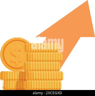 Le monete d'oro sono impilate in alto con una freccia rivolta verso l'alto che indica un valore crescente Illustrazione Vettoriale