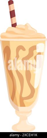 Bicchiere di frullato con crema montata e sciroppo al cioccolato, rinfrescante bevanda estiva Illustrazione Vettoriale