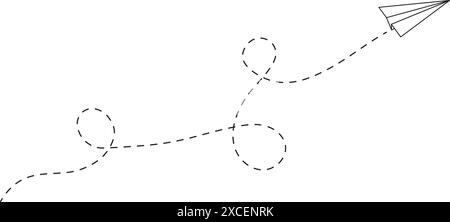 Icona di un aereo di carta con linea guida tratteggiata. Concetto di viaggio, viaggio o vacanza. Messaggio online o simbolo e-mail. Segnale di consegna o di destinazione isolato su sfondo bianco. Illustrazione grafica vettoriale. Illustrazione Vettoriale