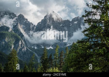 Una vista panoramica di una catena montuosa in Slovenia, con cime innevate e uno spesso strato di nuvole che le circondano. Il primo piano presenta una tana Foto Stock