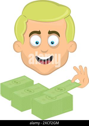 le illustrazioni vettoriali affrontano l'uomo cartoni animati biondi e occhi blu, contando una pila di banconote da un dollaro Illustrazione Vettoriale