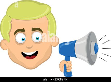 le illustrazioni vettoriali affrontano gli occhi biondi dei cartoni animati dell'uomo e blu, parlando con un megafono in mano Illustrazione Vettoriale