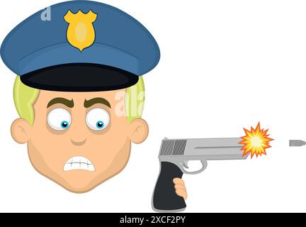 le illustrazioni vettoriali affrontano l'uomo cartoni animati biondi e occhi blu, con un cappello della polizia e una pistola che spara Illustrazione Vettoriale