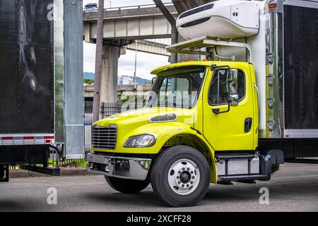 Carro industriale semi-camion verde per impieghi medi con cabina corta e carrello frigorifero per carichi locali in piedi sulla strada urbana Foto Stock