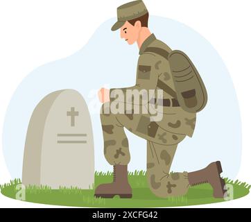 Soldato militare su un ginocchio davanti alla lapide di pietra tombale. Memorial Day. Cimitero militare dei veterani. Illustrazione vettoriale Illustrazione Vettoriale