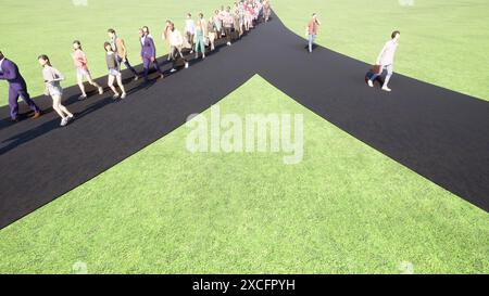 La gente cammina lungo un bivio, alcuni a sinistra, altri a destra. simbolo per la scelta del rendering 3d. Foto Stock