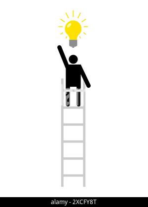 Scala di successo e idee. L'uomo sale le scale per prendere la lampadina. persona che raggiunge l'obiettivo. Illustrazione Vettoriale