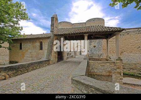 Porte Notre-Dame con torri gemelle, porta della città, fortificazioni storiche della città, monumento, ponte, Pernes-les-Fontaines, Vaucluse, Provenza, Francia Foto Stock