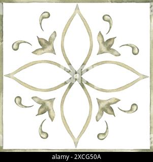 Piastrelle di acquerello con illustrazione a composizione ornamentale verde, clipart piastrelle di Azulejos, composizione floreale Foto Stock