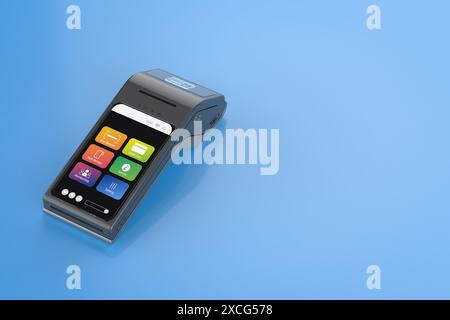 lettore di carte di credito con rendering 3d con interfaccia grafica colorata su sfondo blu con spazio vuoto Foto Stock