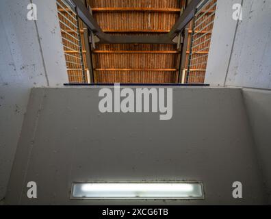 Vista verso l'alto, costruzione in calcestruzzo del sottopassaggio ferroviario con tetto in legno Foto Stock