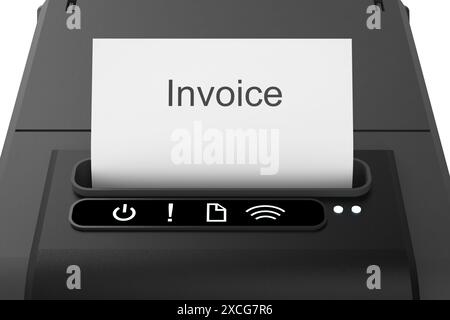 il set di rendering 3d della stampante per ricevute o della stampante termica si concentra sulla stampa delle fatture Foto Stock