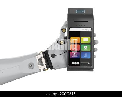 Concetto di pagamento senza contanti con robot di rendering 3d che tiene la mano il lettore di carte di credito isolato Foto Stock