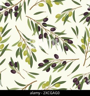 Motivo verde oliva senza cuciture. Frutti verdi e neri su ramoscelli con foglie, ripetuti rami di piante mediterranee, piante biologiche, tessuti da cucina, avvolgimento Illustrazione Vettoriale