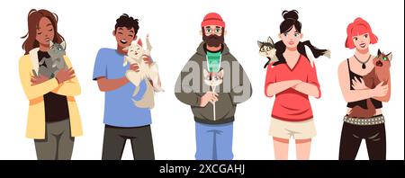 Proprietari felici con i gatti. Simpatici animali domestici con persone, ragazzi e ragazze che tengono in braccio animali domestici, diverse razze e personaggi, cartoni animati veterinari Illustrazione Vettoriale