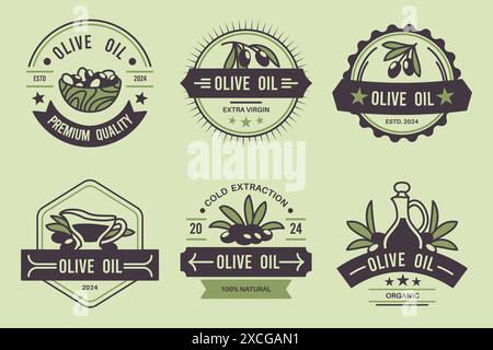 Emblemi dei prodotti d'oliva. Etichette per alimenti naturali, olio extra vergine, foglie, ramoscelli e frutta, adesivi da imballaggio con design testuale, stile minimalista premium Illustrazione Vettoriale