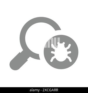 Icona del vettore di rilevamento bug. Scansione malware con simbolo della lente di ingrandimento. Illustrazione Vettoriale