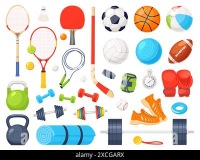 Attrezzature sportive per cartoni animati. Attrezzature fitness, accessori sportivi, palline da gioco, pallacanestro da calcio o pallavolo. Manubri, kettlebell, racchette da tennis Illustrazione Vettoriale