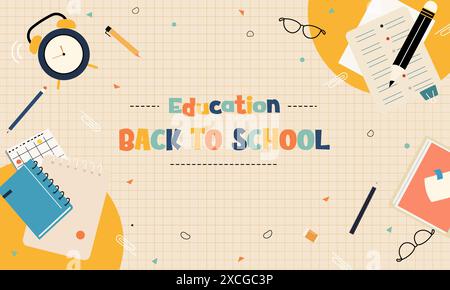 Colorato concetto Back to School con materiale didattico e cancelleria su sfondo griglia. Perfetto per temi scolastici, didattici e didattici Illustrazione Vettoriale