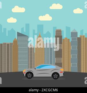 Macchina grigia in città. Auto sullo sfondo di grattacieli in una giornata di sole. Illustrazione vettoriale. Illustrazione Vettoriale