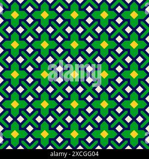 Sfondo geometrico senza cuciture verde e blu, design grafico vettoriale piatto, design simmetrico, motivo senza cuciture in stile islamico Illustrazione Vettoriale