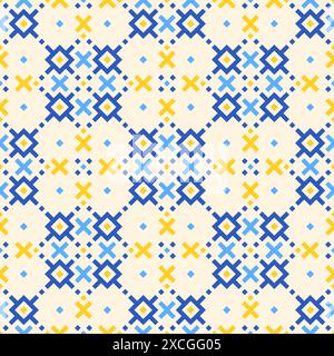 Pixel art blu, giallo, bianco con ornamenti tradizionali ucraini da ricamo, illustrazione vettoriale di sfondo senza cuciture. pr geometrico minimalista Illustrazione Vettoriale