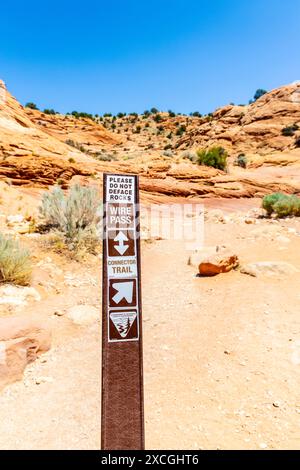 Cartello con indicazione per Coyote Wash, parte del Wire Pass Trail, Vermilion Cliffs National Monument, Utah, USA Foto Stock