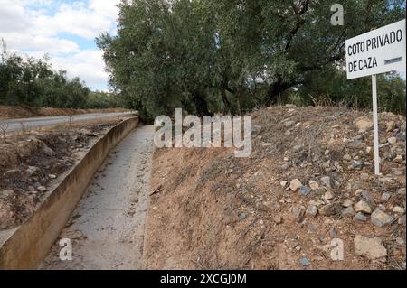 Cartello indicante la riserva di caccia privata accanto a una strada sterrata rurale e fosso con alberi, catturando il paesaggio naturale e l'esclusività. Foto Stock