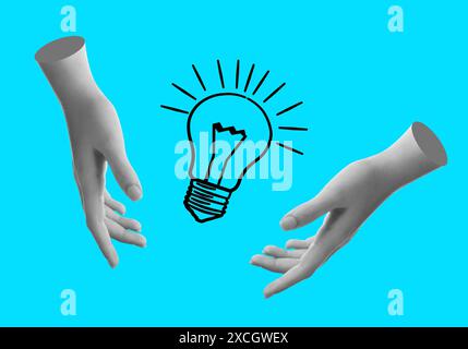 Mani femminili e illustrazione di una lampadina incandescente su sfondo azzurro, collage artistico creativo Foto Stock