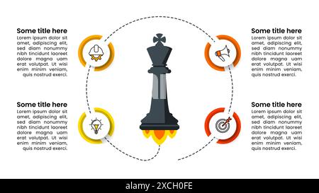 Modello infografico con icone e 4 opzioni o passaggi. Re degli scacchi. Può essere utilizzato per layout del flusso di lavoro, diagrammi, banner, webdesign. Illustrazione vettoriale Illustrazione Vettoriale