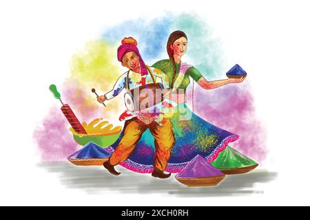 Bella coppia che suona festival di colori holi sfondo colorato Illustrazione Vettoriale