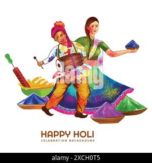 Bella coppia che suona festival di colori holi sfondo colorato Illustrazione Vettoriale