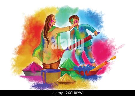 Bella coppia che suona festival di colori holi sfondo colorato Illustrazione Vettoriale
