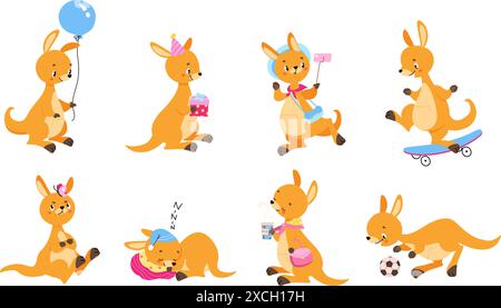 Simpatici personaggi di canguri. Cartoni animati animali selvatici australiani in pose d'azione. Canguro dormire, giocare a calcio skateboard, snowaday vettoriale clipart Illustrazione Vettoriale