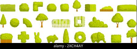 Set di icone Hedge. Giardiniere che disegna uno splendido spazio verde con arbusti decorativi, topiari e siepi Illustrazione Vettoriale