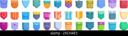 Set di icone degli scomparti patch. Grande set di varie tasche colorate con bottoni e cuciture per sarti e stilisti di abbigliamento Illustrazione Vettoriale