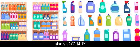 Set di icone per prodotti chimici per la casa. Scaffale del supermercato pieno di prodotti per la pulizia bottiglie e confezioni con assortimento di contenitori in plastica colorati per lavare piatti e lavare Illustrazione Vettoriale