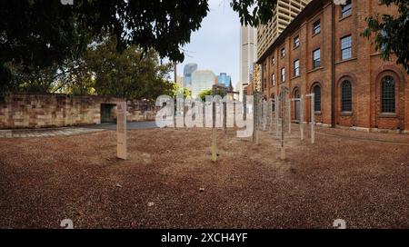 Chi va qui? Un'installazione d'arte di Fiona Hall esposta nei giardini della Hyde Park Barracks, Sydney, nuovo Galles del Sud, Australia Foto Stock